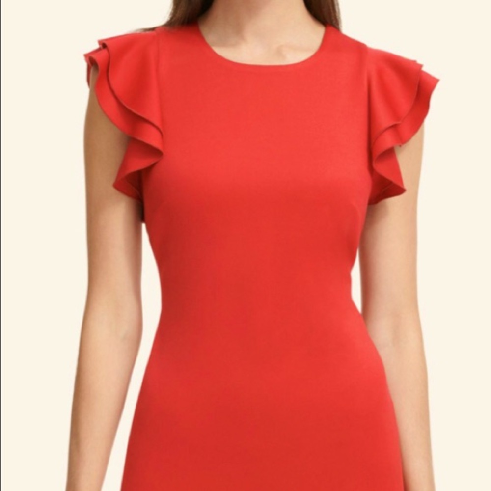 Red Scuba Sheath Dress with Flutter Ruffle Sleeves